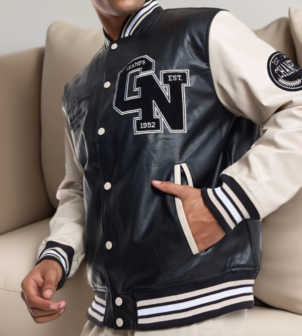 Bomber Jacket with snap button closure - Black & Cream color - Image 2