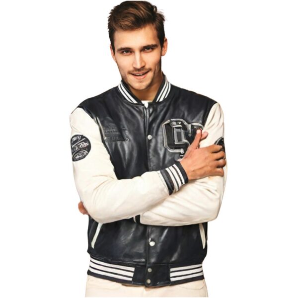 Bomber Jacket with snap button closure - Black & Cream color